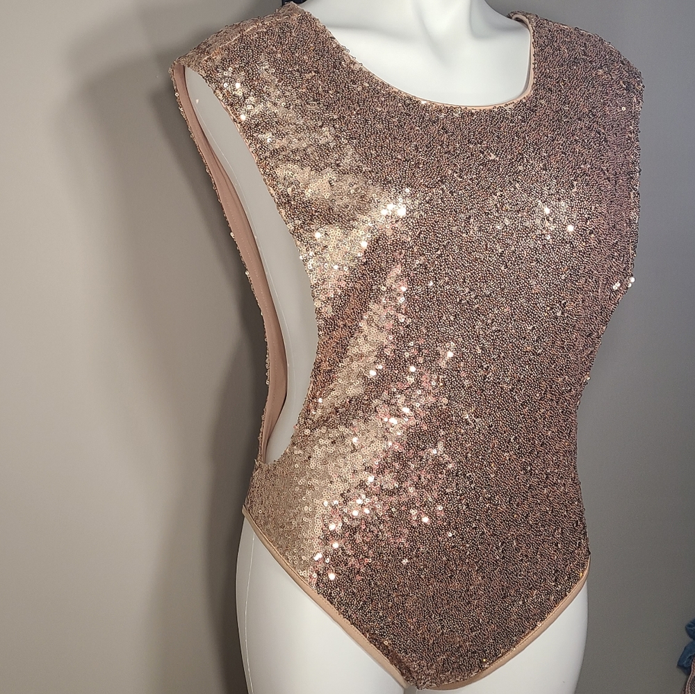Rehab Rose Gold Sequin Open Side Bodysuit